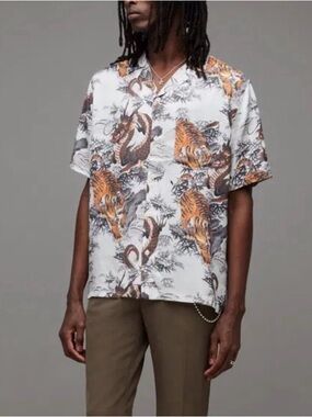 All Saints Kali Relaxed Fit Tiger & Dragon Print Camp Shirt - Off White Medium